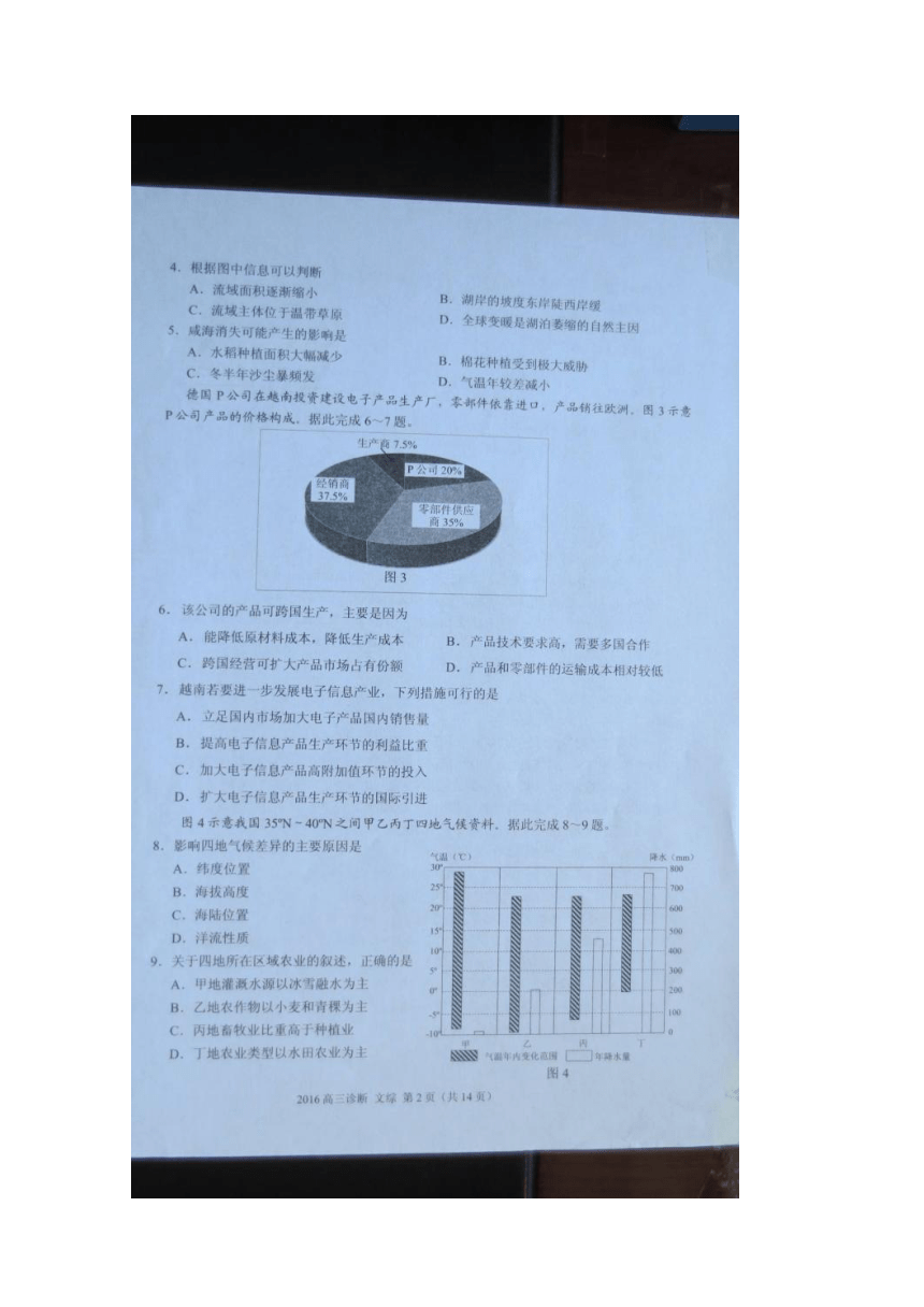 甘肃省兰州市2016届高三3月诊断(一诊)考试文科综合试题 扫描版含答案