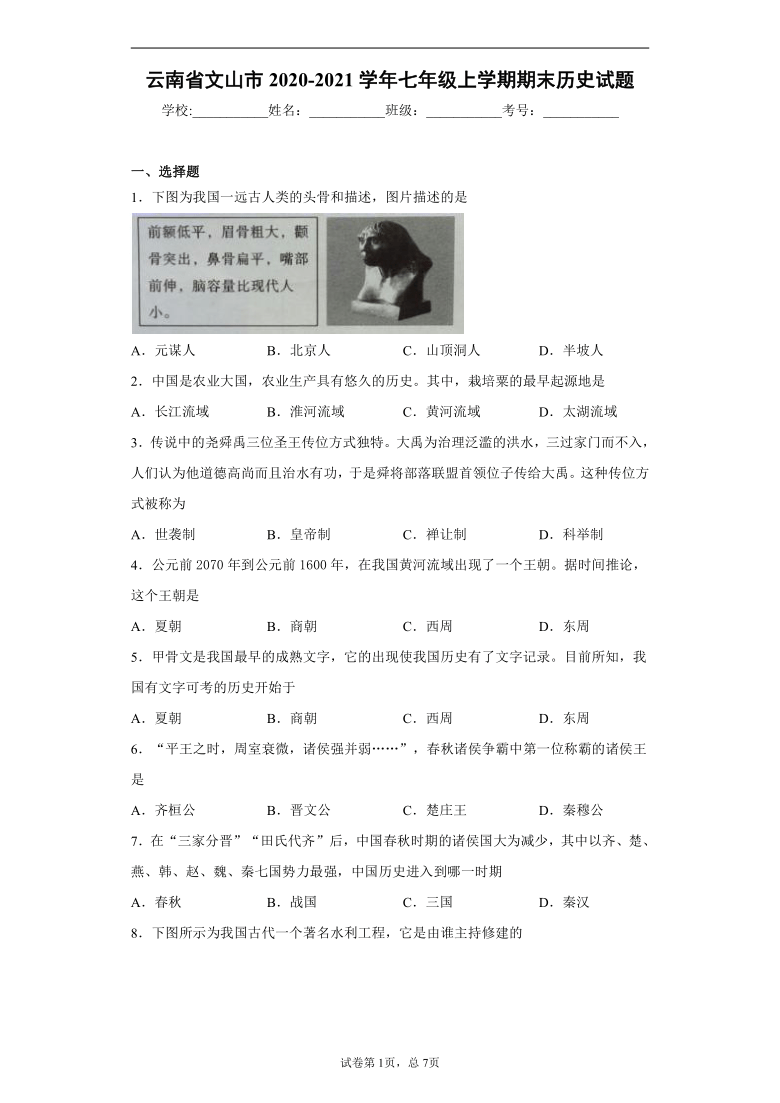 云南省文山市2020-2021学年七年级上学期期末历史试题（含答案解析）