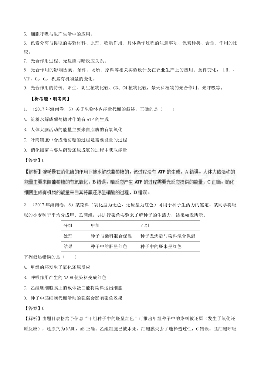 2018年高考生物备考优生百日闯关专题05光合作用和细胞呼吸