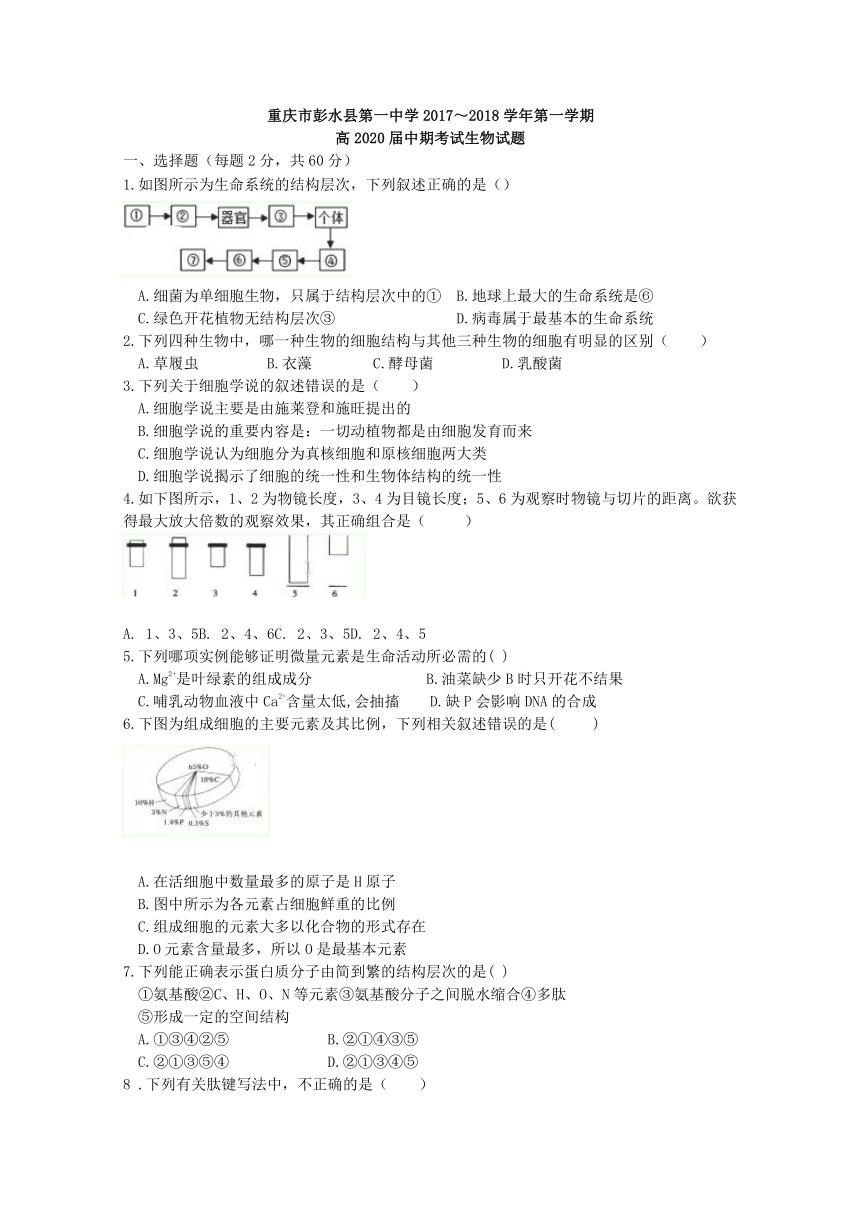 重庆市彭水一中2017-2018学年高一期中考试生物试卷