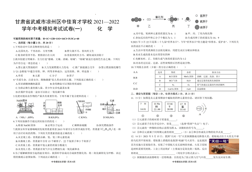 2022年甘肅省武威市涼州區中佳育才學校中考模擬考試試卷一化學word版