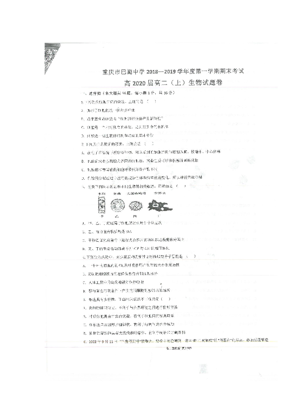 重庆市巴蜀中学校2018-2019学年高二上学期期末考试生物试题 扫描版含答案