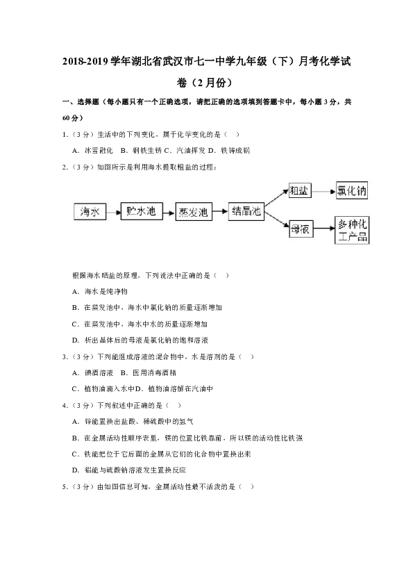 2018-2019学年湖北省武汉市七一中学九年级（下）月考化学试卷（2月份）（解析版）
