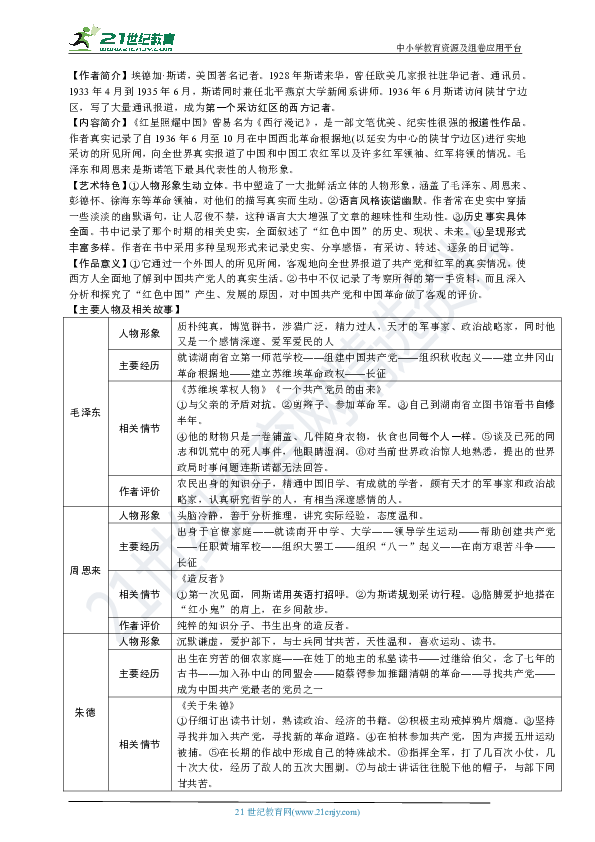 备战2020年中考统编版《红星照耀中国》名著梳理及其练习