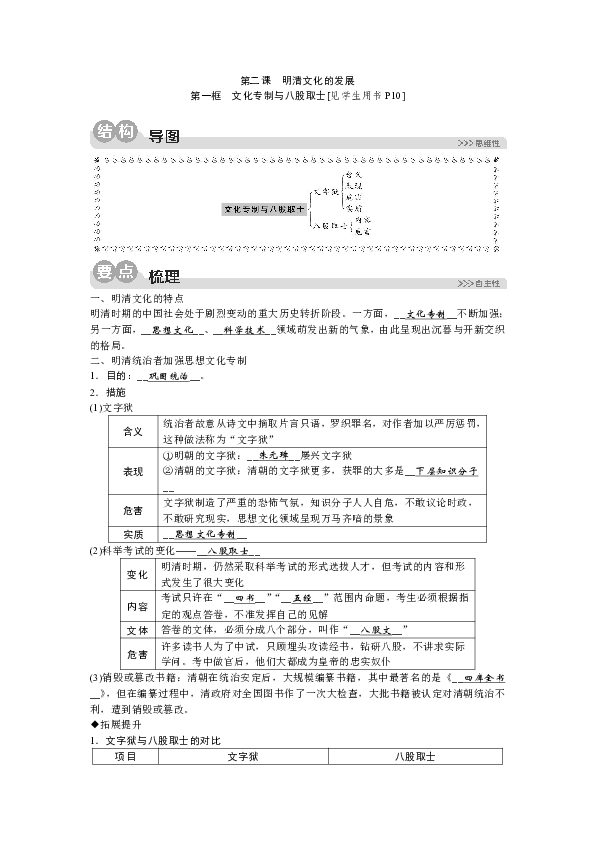 5.2.1 文化专制与八股取士 同步练习（含解析）