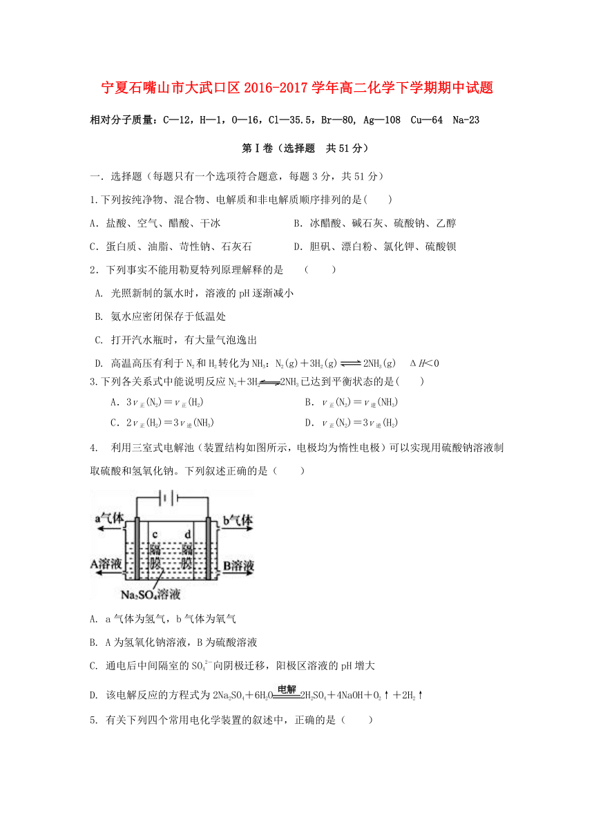 宁夏石嘴山市大武口区2016--2017学年高二化学下学期期中试题含答案