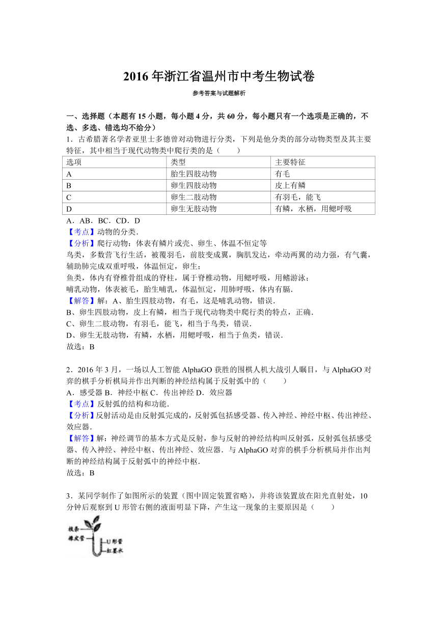 2016年浙江省温州市中考生物试卷（解析版）