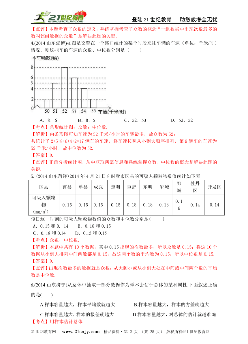 【独家原创】2014年山东省中考数学真题分类汇编（解析版）——统计与概率