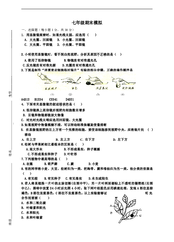 2018—2019年七年级第一学期生物模拟试题（无答案）