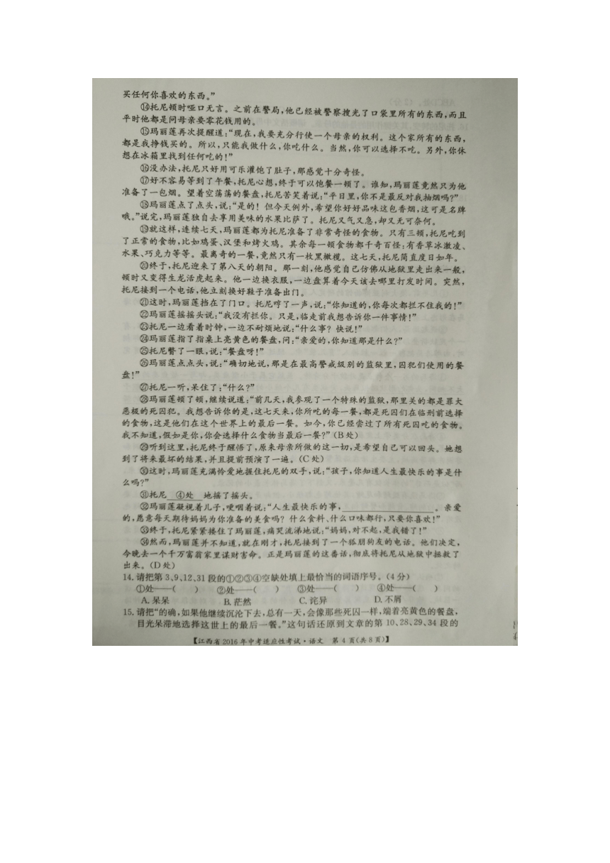 江西省2016年中考适应性考试语文试题（图片版，含答案）
