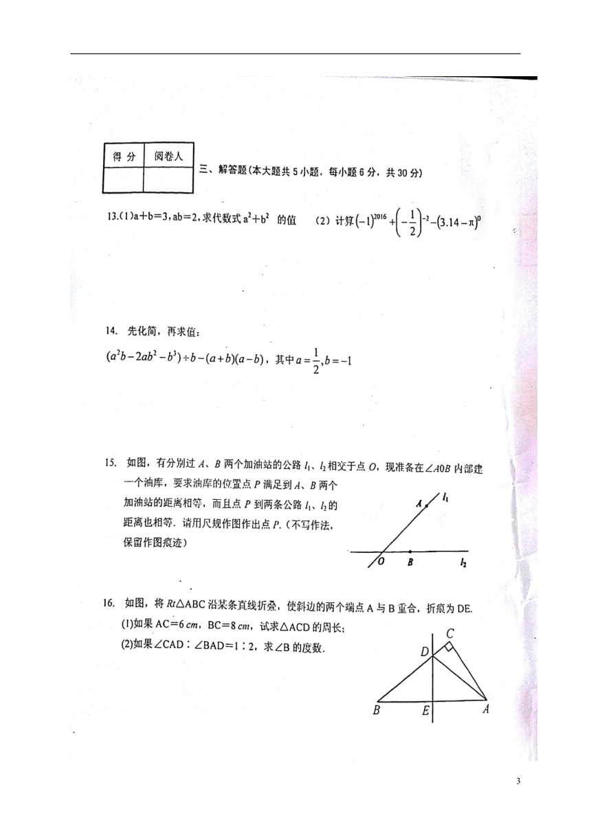 江西省吉安市吉州区2018-2019学年八年级数学上学期开学试题（扫描版,附答案）