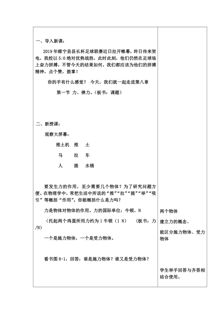 八年级物理下册教案81力弹力苏科版