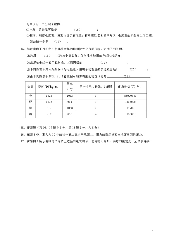 上海市崇明区2018届九年级物理上学期期末质量调研试题