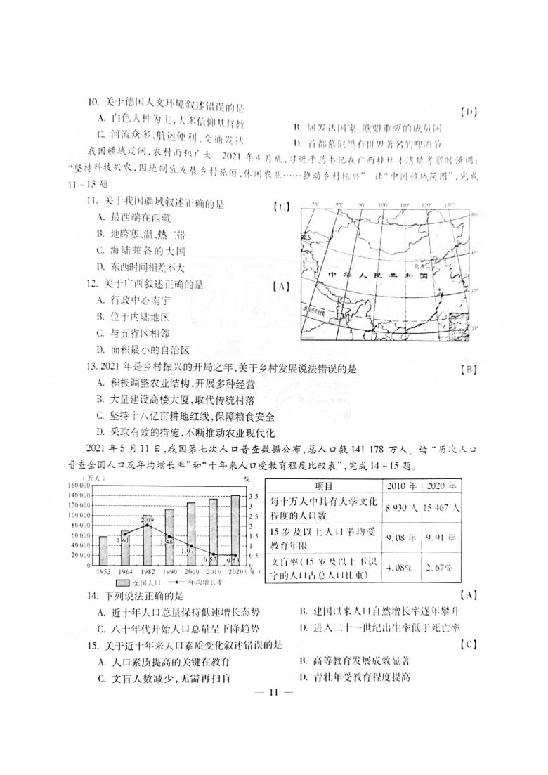 2021年陕西省初中学业水平考试地理学科参考答案及评分标准（A卷，PDF）