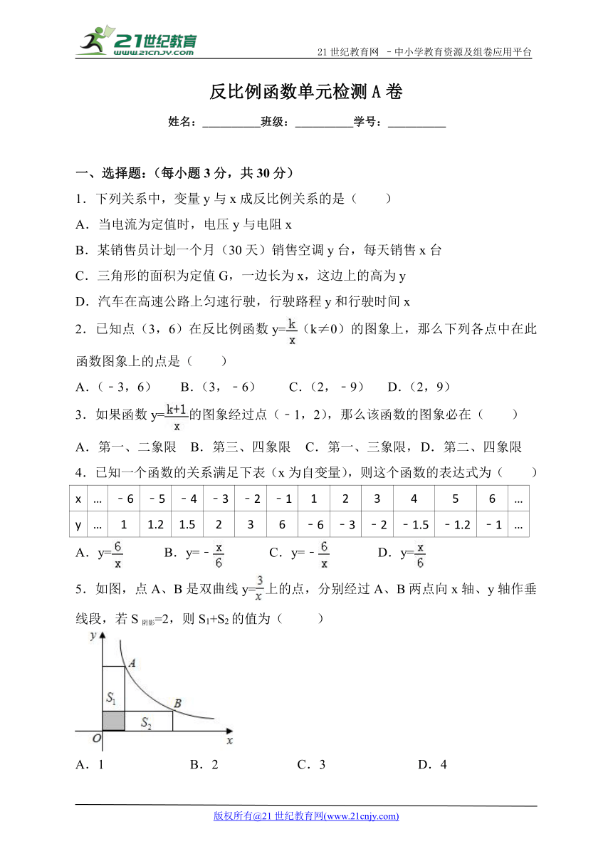 第六章 反比例函数单元检测A卷