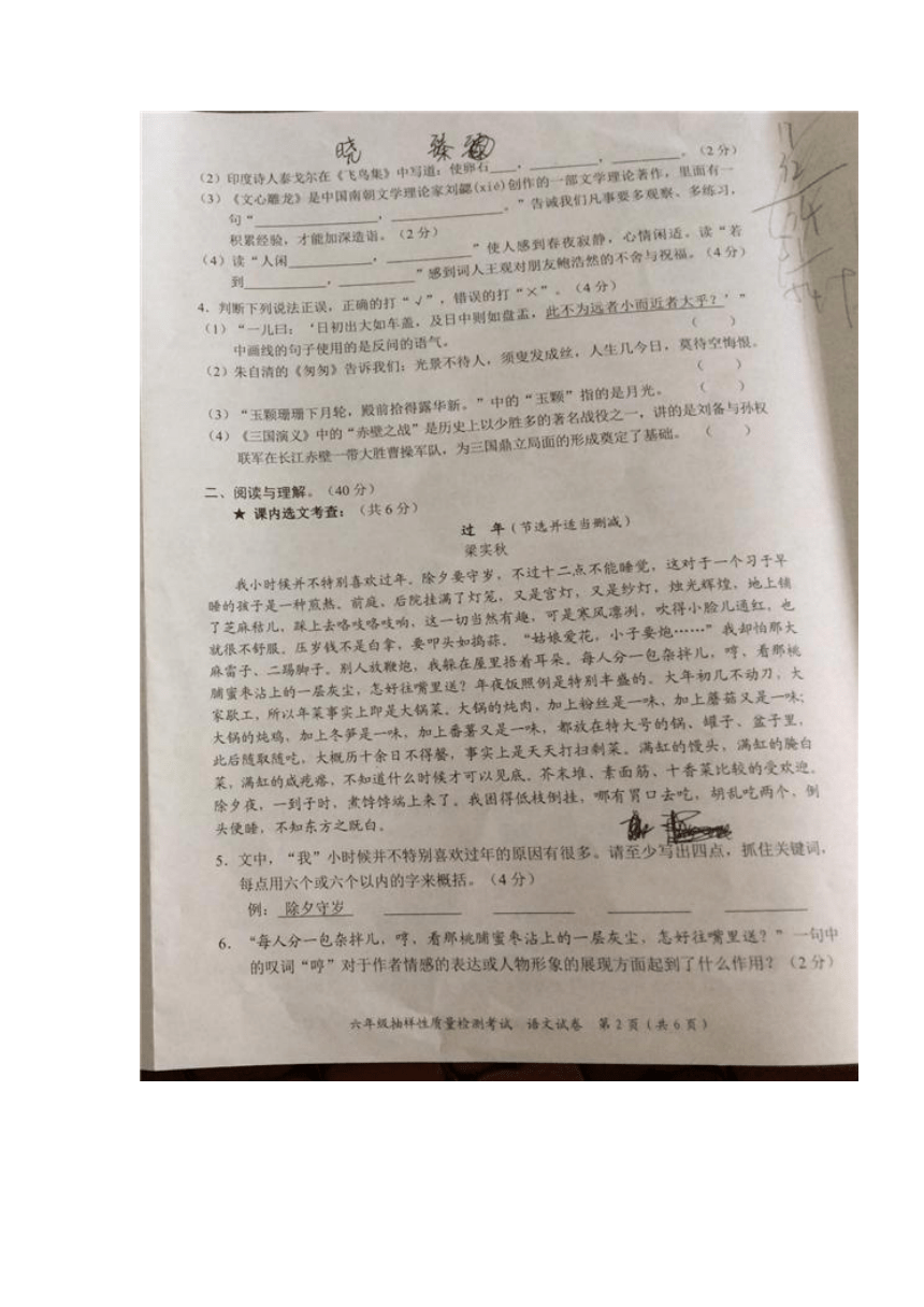 2017年广东省深圳市罗湖区六年级下学期期末调考语文试卷（图片版）