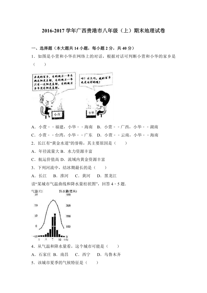 广西贵港市2016-2017学年八年级（上）期末地理试卷（解析版）