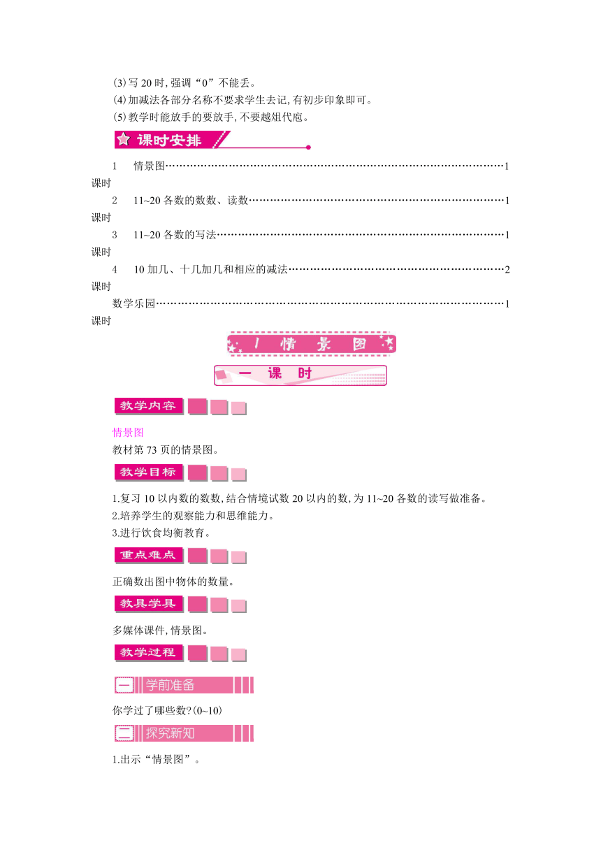 人教版一年级上第六单元11～20各数的认识教学设计及教学反思作业题答案