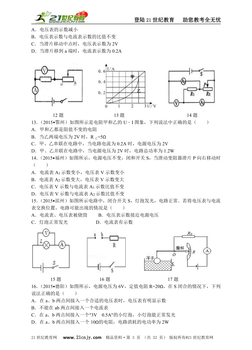 2016中考必备：中考物理分类精粹专题十六：欧姆定律