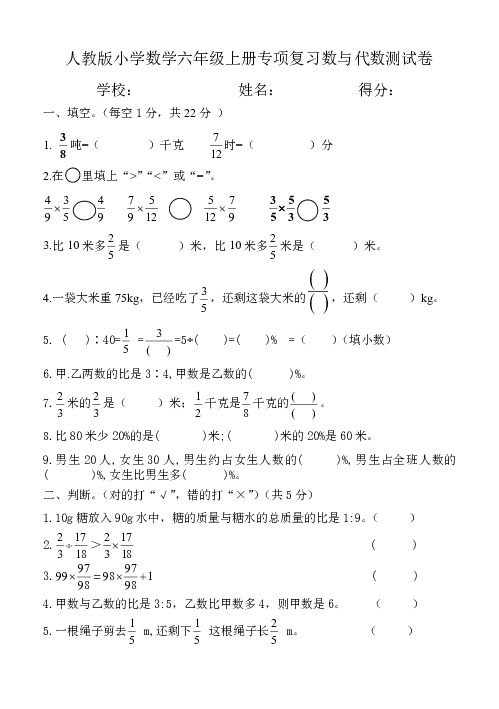 人教版小学数学六年级上册专项复习数与代数测试卷（无答案）