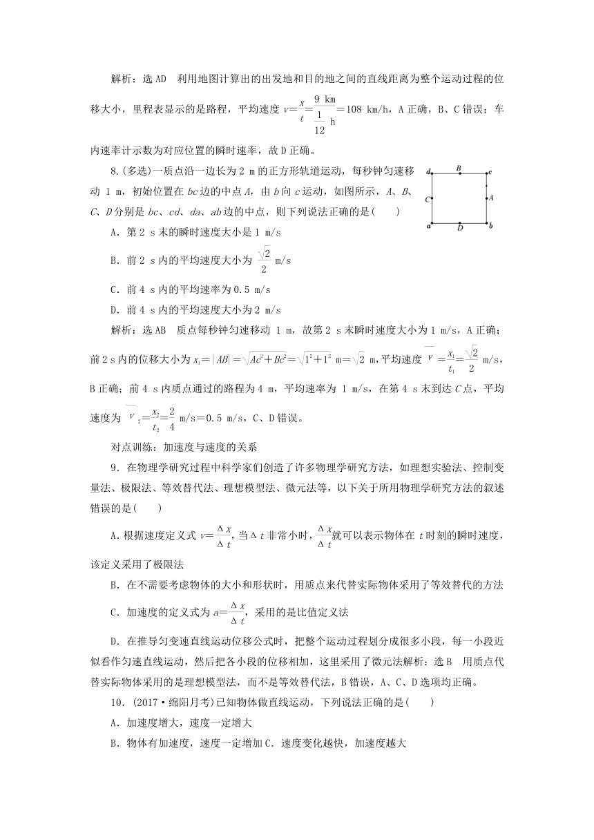 2018版高考物理新人教版一轮复习课时跟踪检测：1 描述运动的基本概念（含解析）