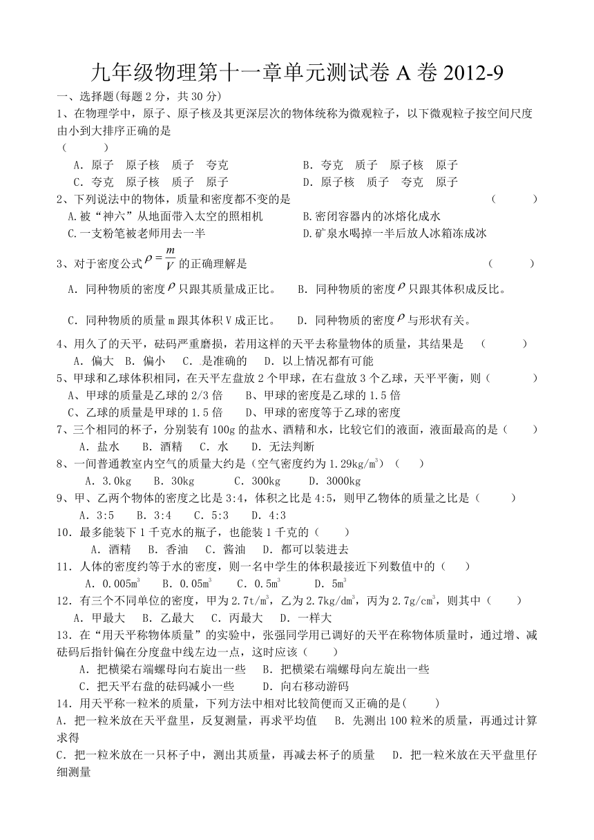 九年级物理第十一章 多彩的物质世界 单元测试卷（无答案）