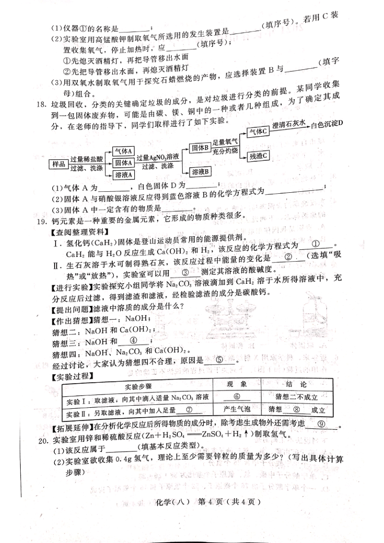 吉林省长春市2021年中考综合学习评价与检测化学试卷八  （ PDF版含答案）