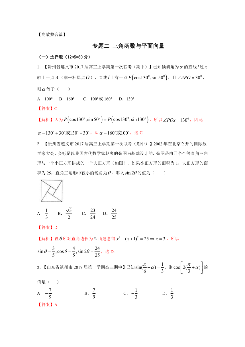 2017年高考数学二轮复习精品测试卷：（新课标版）专题02 三角函数与平面向量（解析版）