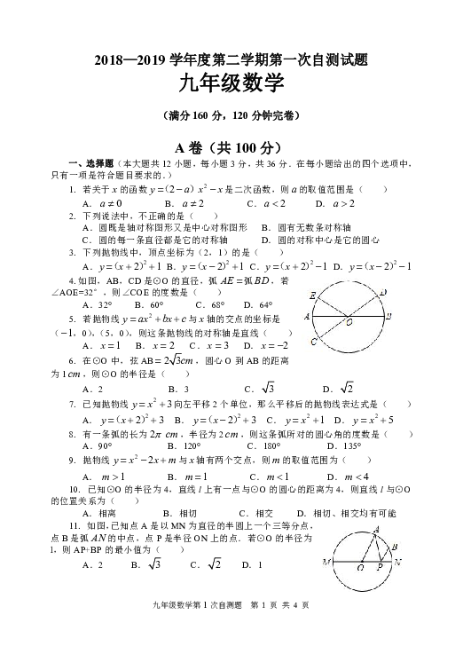 四川省内江市资中县2018-2019学年九年级第二学期第一次自测数学试题（含答案）