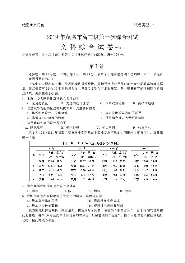 广东省茂名市2019届高三第一次（1月）综合测试文综试题（WORD版）