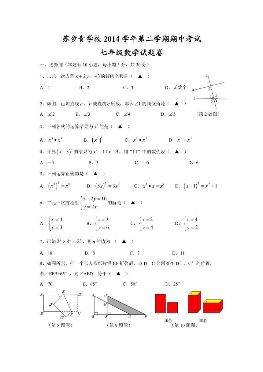 苏步青学校2014学年第二学期期中考试七年级数学试卷