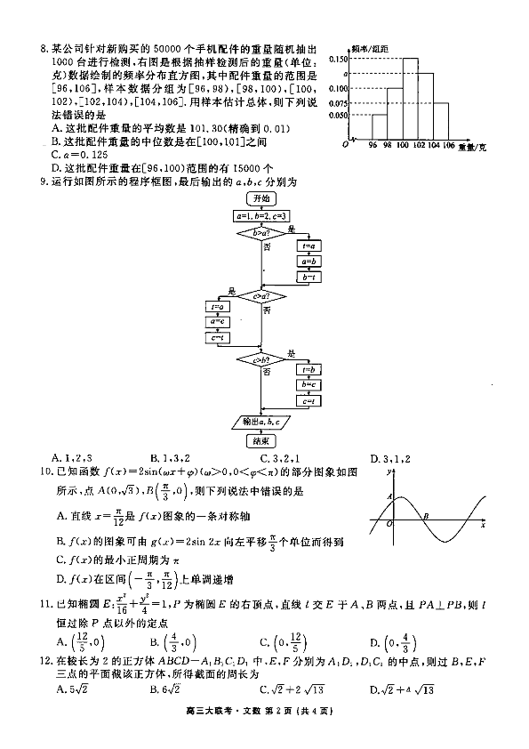 2020届四省名校高三上学期第二次大联考数学（文科）及答案（PDF版含答案）