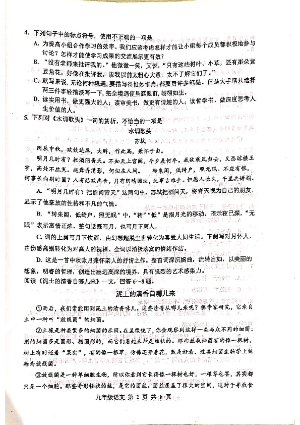 2019年6月天津市红桥区中考三模语文试题及答案（PDF版）