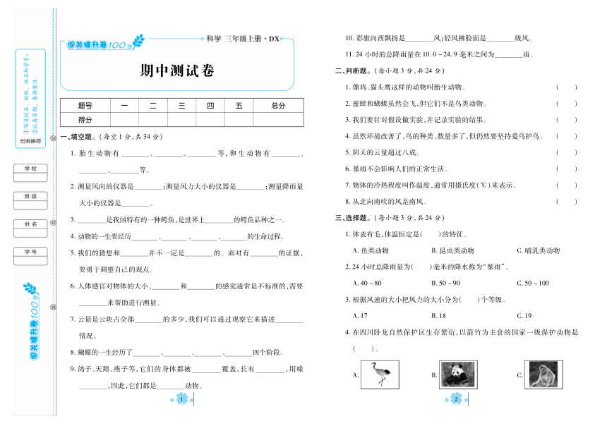 大象版 三年级上册 科学期中考试试卷（pdf版，含答案）