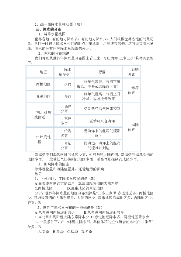 晋教版七年级上册地理教案：4.2《降水和降水的分布》