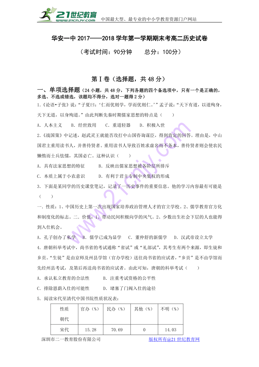 福建省华安县第一中学2017-2018学年高二上学期期末考试历史Word版含答案