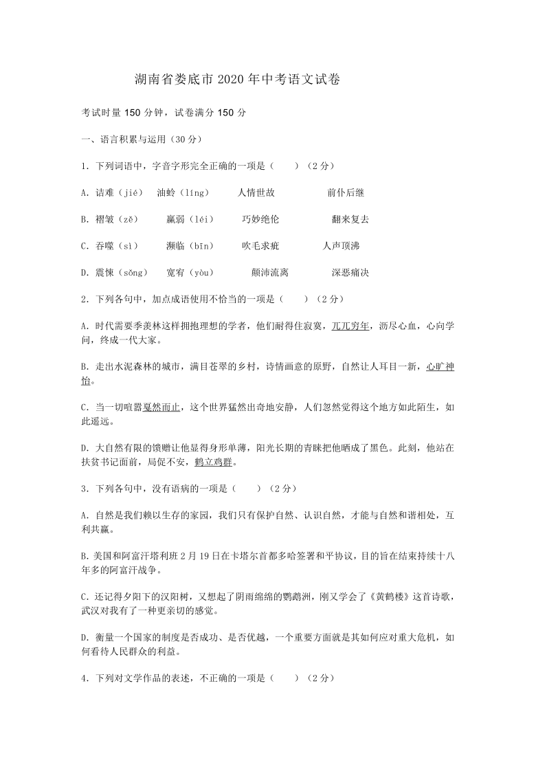 湖南省娄底市2020年中考语文试卷（含答案）