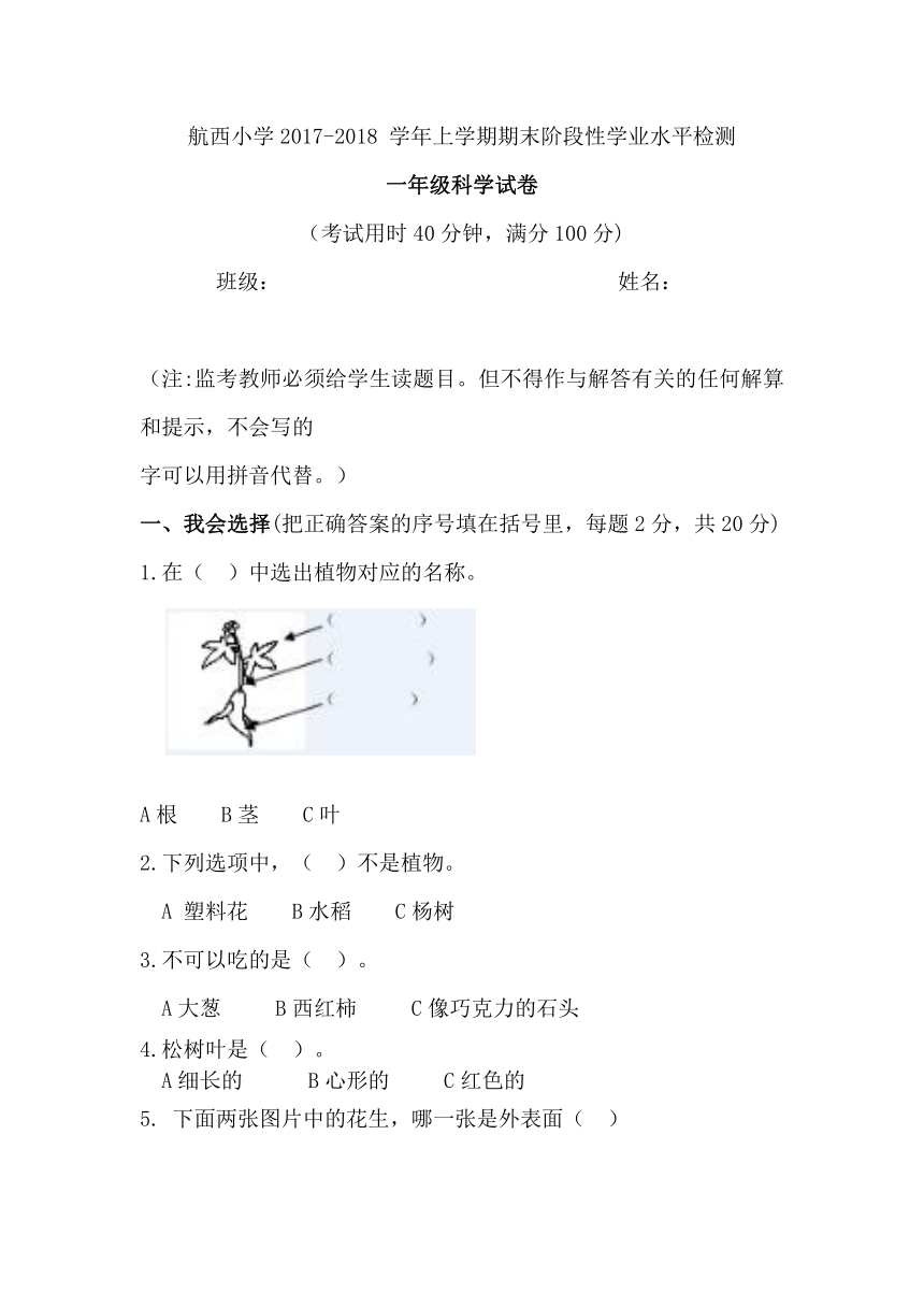 航西小学2017-2018 学年上学期一年级科学期末阶段性学业水平检测 无答案