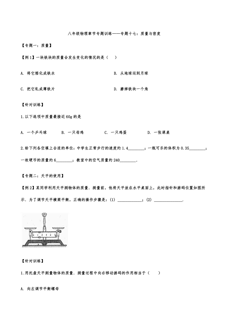 鲁科版八年级物理章节专题训练——专题：质量与密度（word含答案）