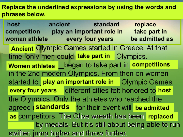 人教版新课标必修2 Unit 2 The Olympic Games language points课件（21张）