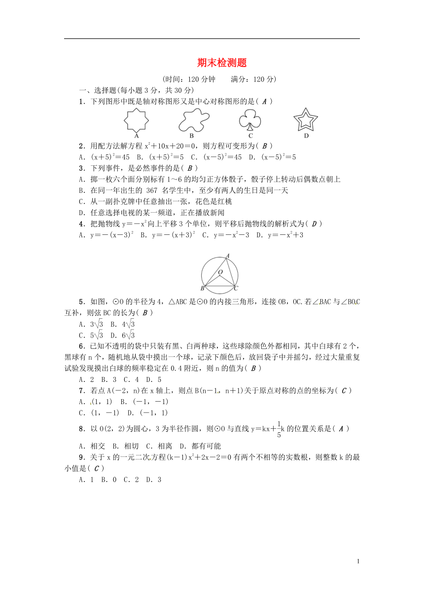 （武汉专版）2018年秋九年级数学上册期末检测题（含答案）