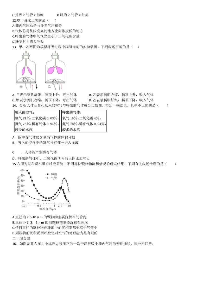 人教版七年级下册生物第四单元第三章人体的呼吸试卷(word版含答案)