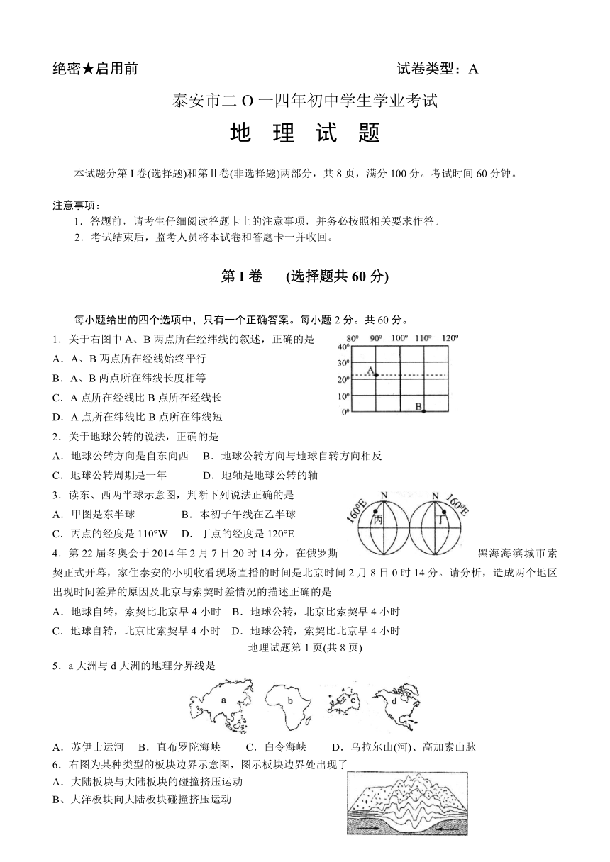 泰安市2014年初中学生学业考试地理试题(word版含答案)