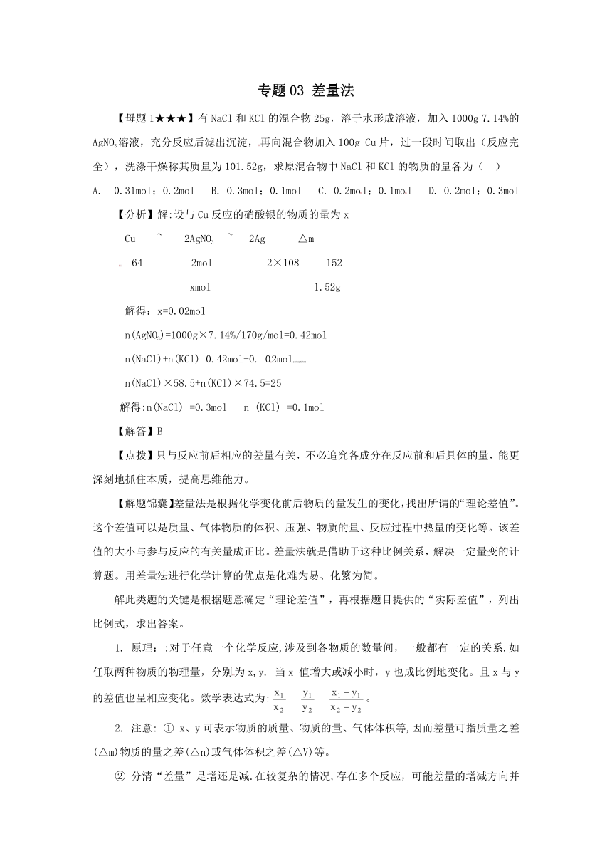 【备战2014】（冲刺押题系列）高考化学——解题方法荟萃：专题三 差量法