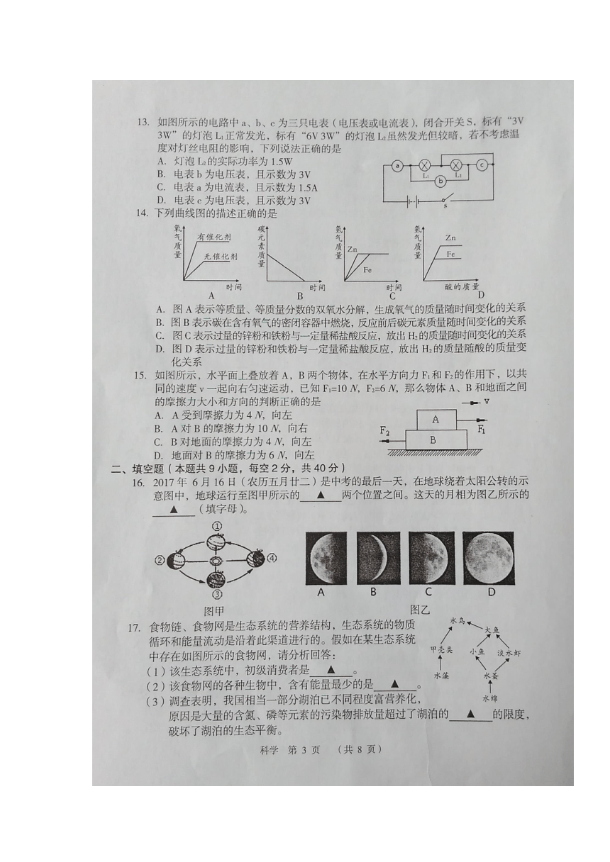 嵊州市2017届初中毕业生学业水平调测试科学试题（图片版）