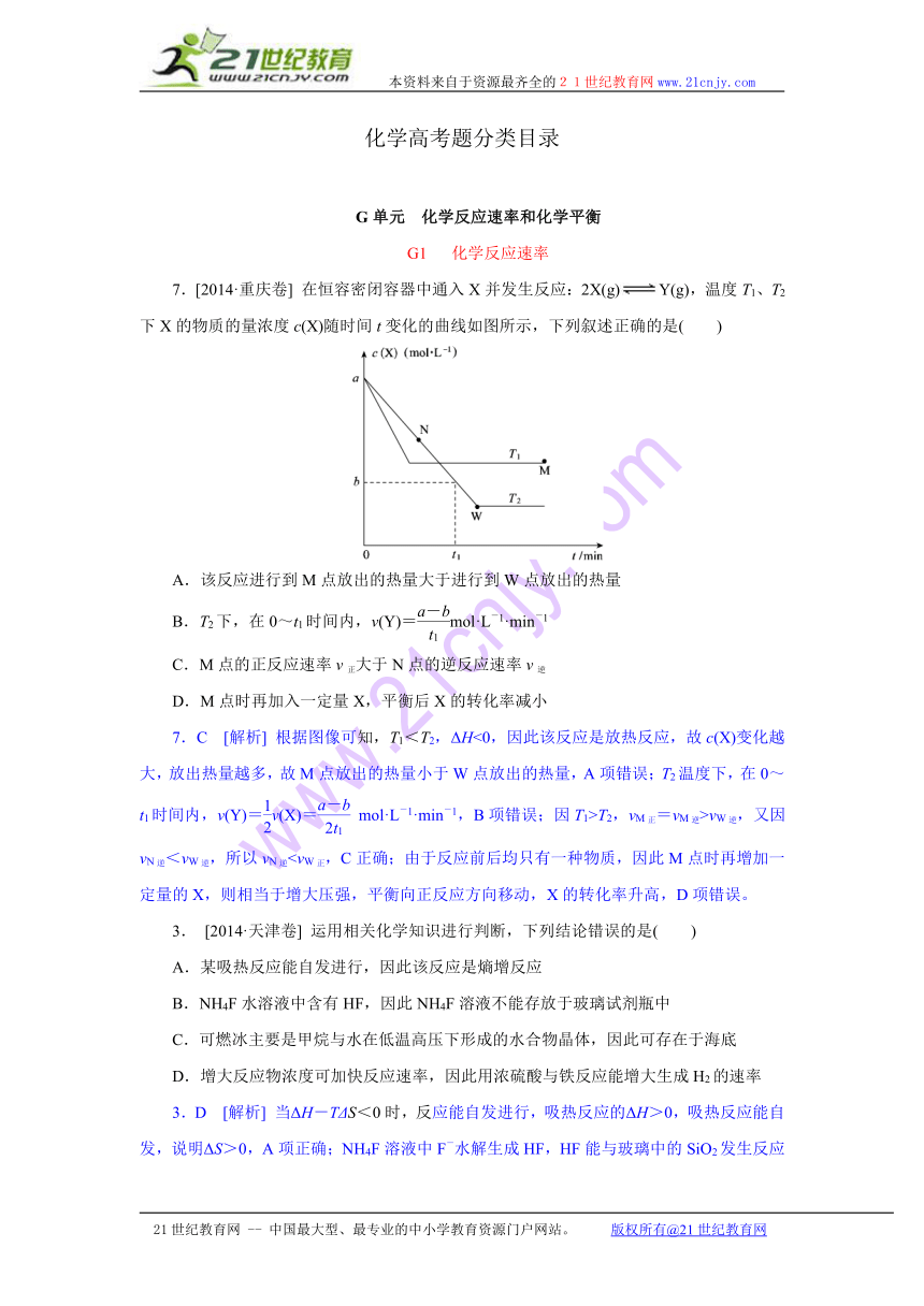 2014年高考真题解析化学分类汇编：G单元  化学反应速率和化学平衡