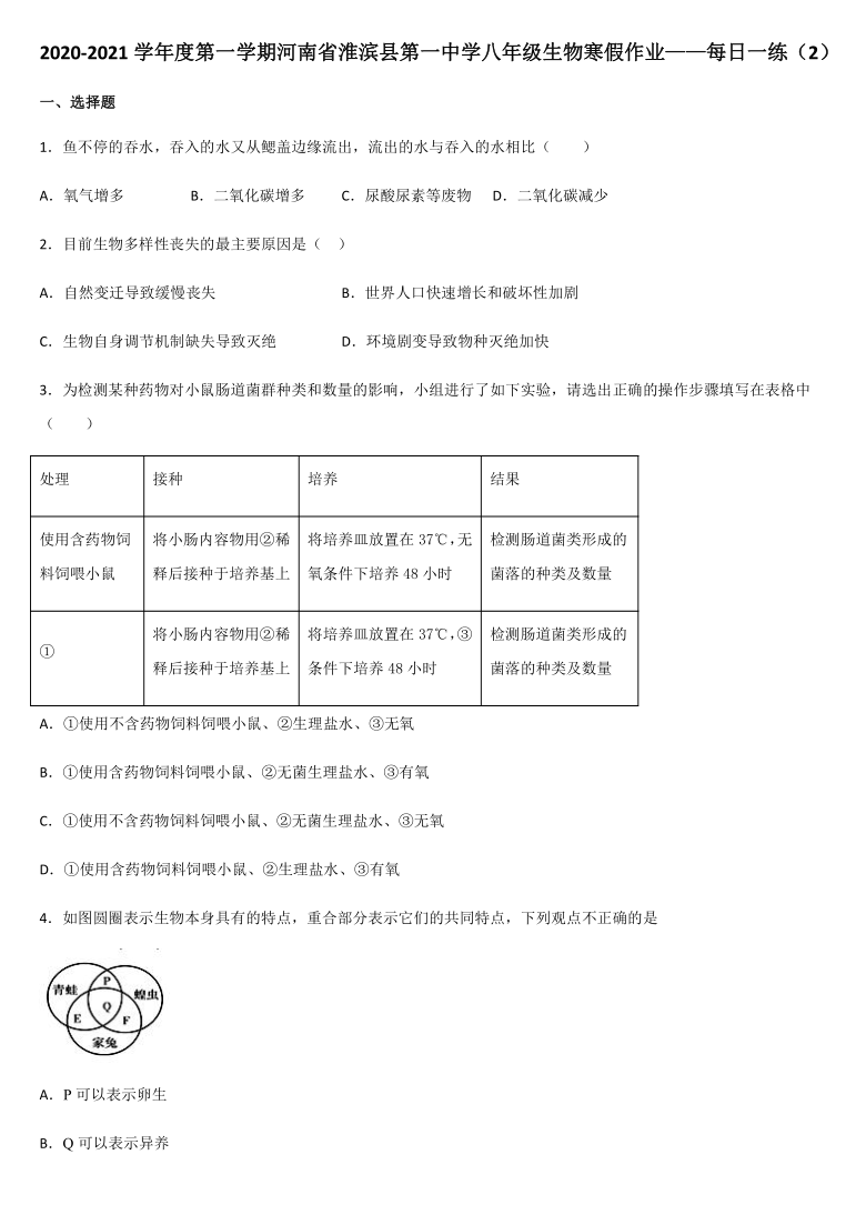 2020-2021学年度第一学期河南省淮滨县第一中学八年级生物寒假作业——每日一练（2）（含答案）