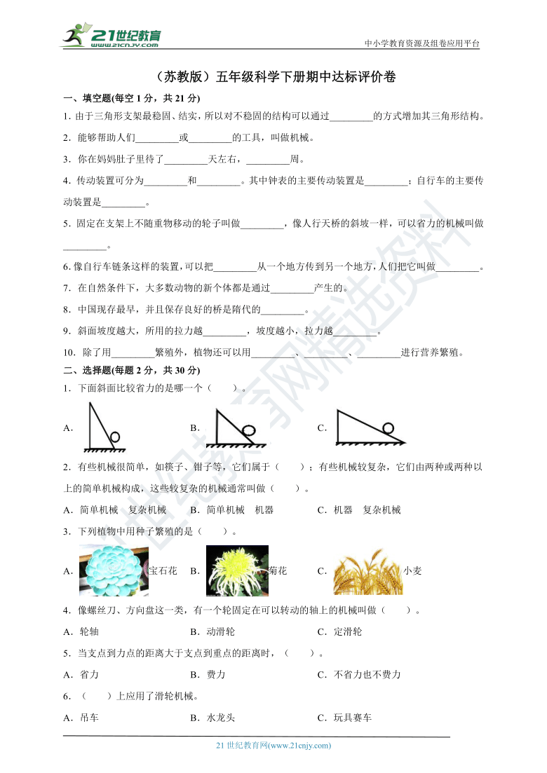 （苏教版）五年级科学下册期中达标评价卷