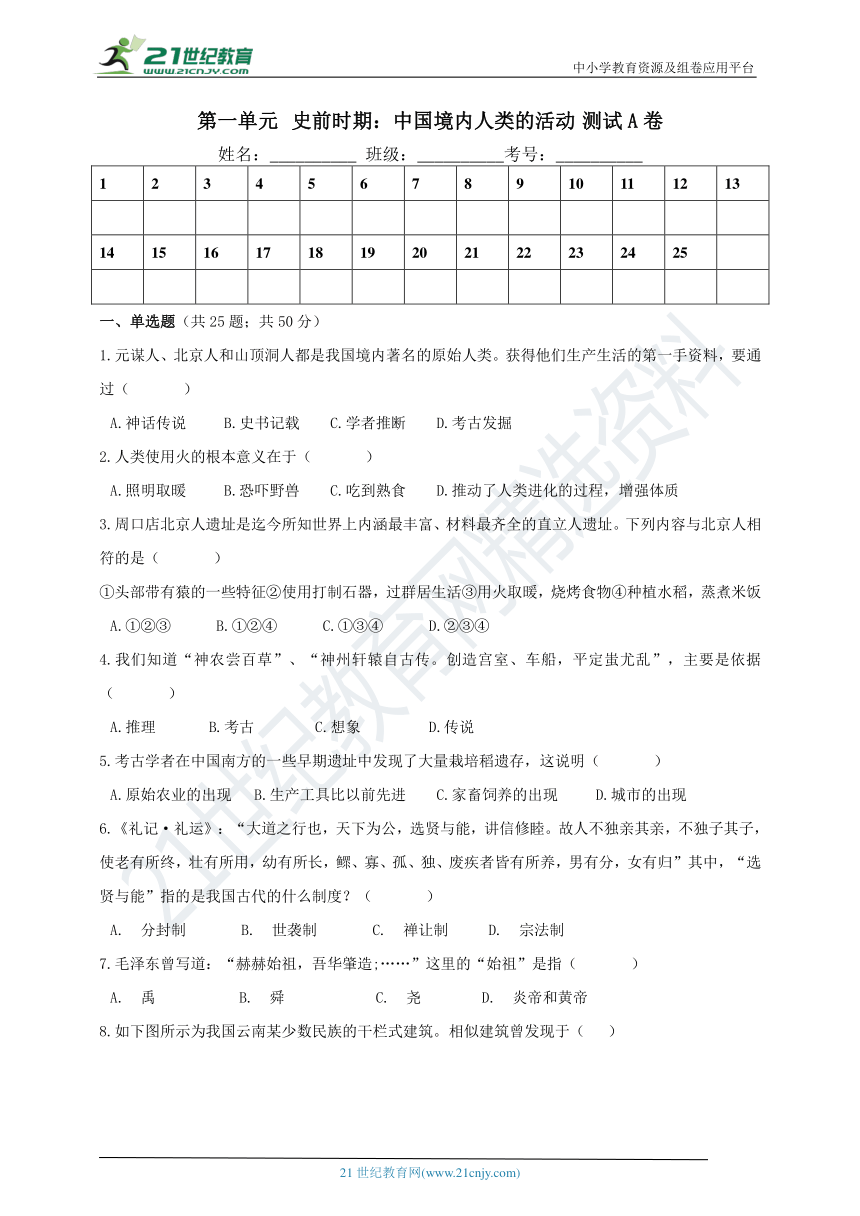 第一单元 史前时期：中国境内人类的活动 测试A卷（含中考真题+答案）