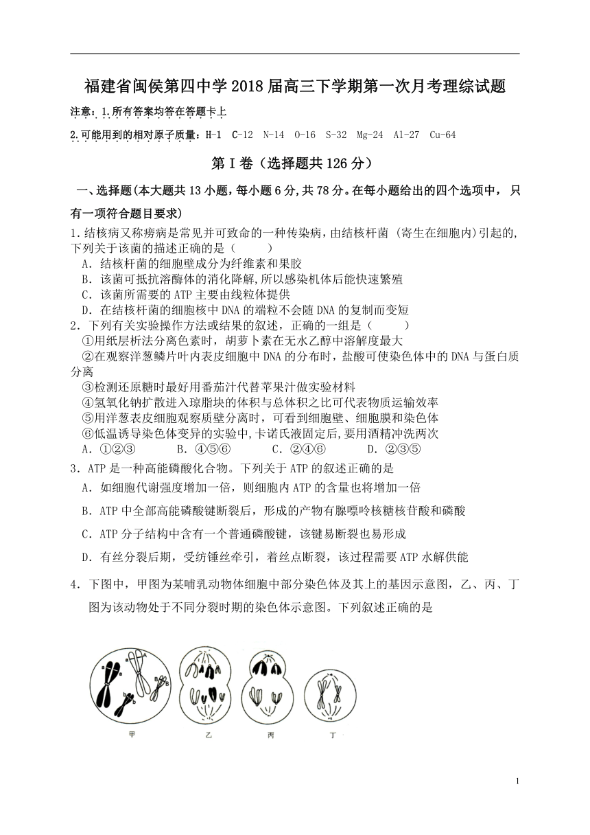 福建省闽侯第四中学2018届高三下学期第一次月考理科综合试题+PDF版含答案